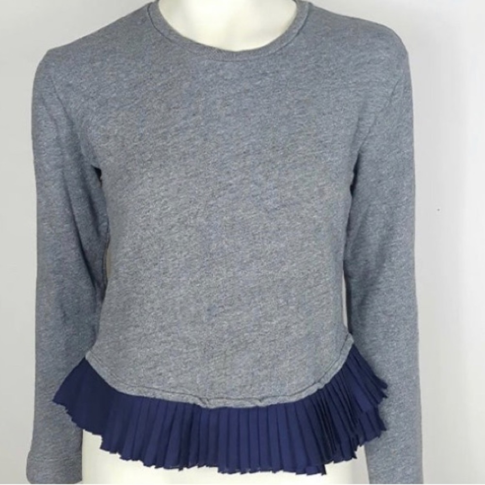 J Crew Gray Sweatshirt Women Small Pleated Blue Trim Pullover Crew Neck Peplum